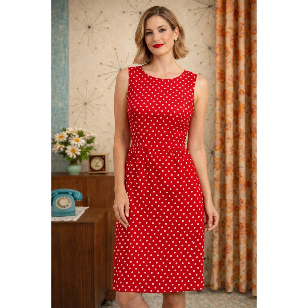 Lanz‎ Originals Red Polka Dot Dress Bow Back Retro Rockabilly USA Sz S/M